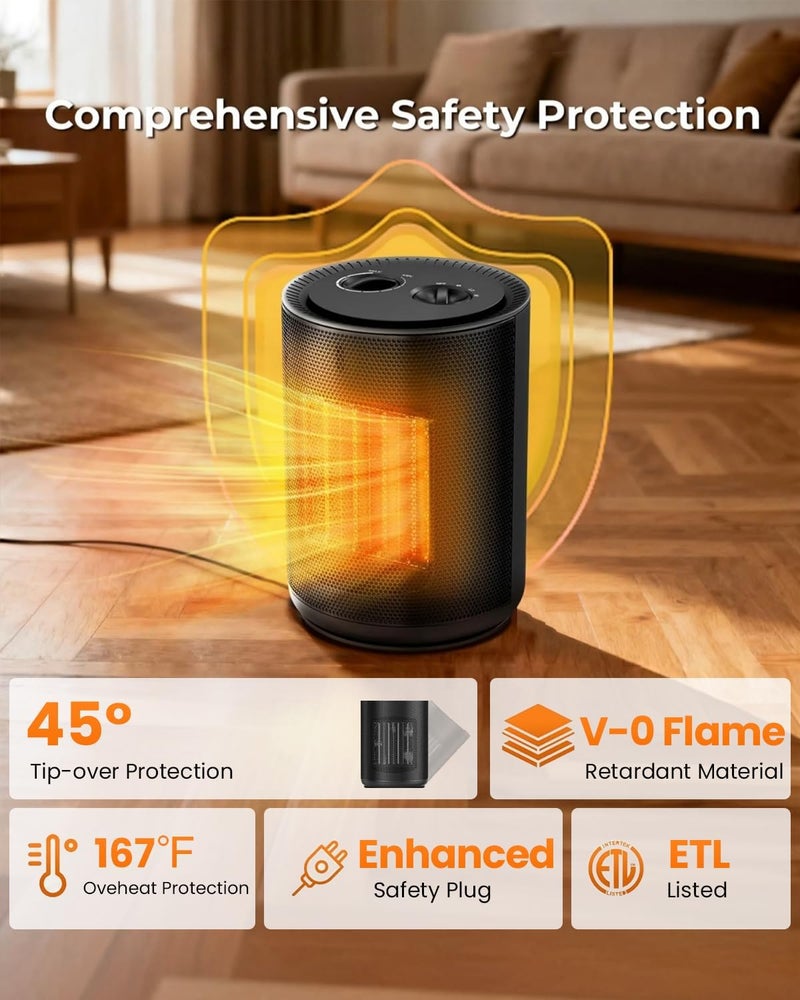 Electactic Portable Ceramic Space Heater w/Thermostat, 1500W Indoor Electric Mini Heater Fan with Overheat & Tip-Over Protection, PTC Ceramic Fast Safety Heat for Office Room Dorm Desk - Image 5